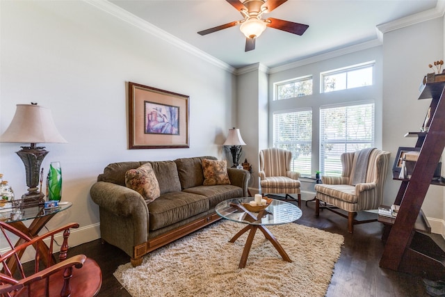 4008 N Cresthaven Rd, Dallas, TX 75209 - living room with wood finished floors, ornamental molding, a ceiling fan, and baseboards