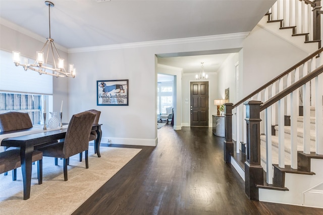 4008 N Cresthaven Rd, Dallas, TX 75209 - dining area featuring a chandelier, stairway, wood finished floors, baseboards, and crown molding
