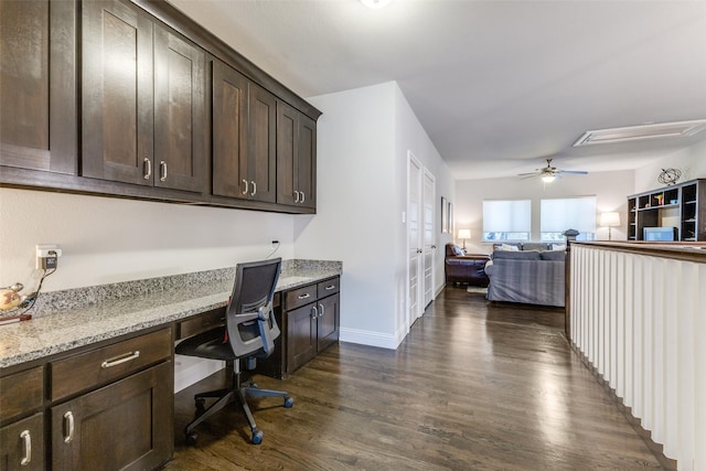 4008 N Cresthaven Rd, Dallas, TX 75209 - office featuring built in desk, dark wood-style flooring, a ceiling fan, and baseboards