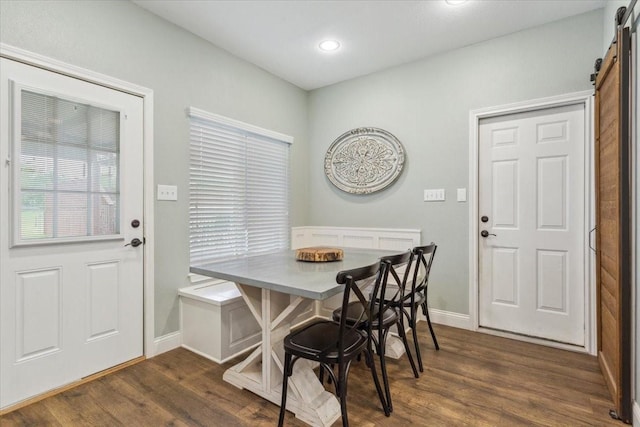 160 Brandy Hill Rd, Lorena, TX 76655 - dining space with a barn door, dark wood-style floors, baseboards, and recessed lighting