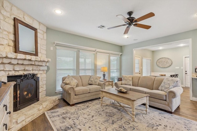 160 Brandy Hill Rd, Lorena, TX 76655 - living area featuring ceiling fan, wood finished floors, a fireplace, baseboards, and recessed lighting