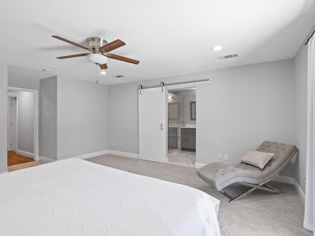 7724 Meadowhaven Dr, Dallas, TX 75254 - bedroom featuring a barn door, recessed lighting, baseboards, light colored carpet, and ensuite bath