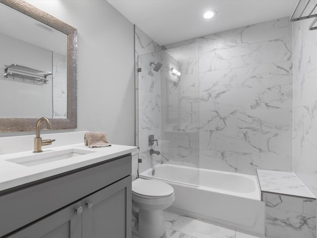 7724 Meadowhaven Dr, Dallas, TX 75254 - bathroom featuring vanity, toilet, marble look tile flooring, shower / bathtub combination, and recessed lighting