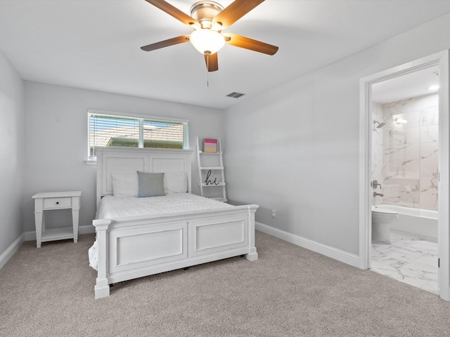7724 Meadowhaven Dr, Dallas, TX 75254 - bedroom featuring baseboards, ensuite bath, light carpet, and a ceiling fan