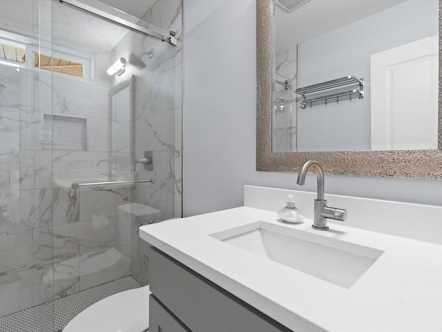 7724 Meadowhaven Dr, Dallas, TX 75254 - full bath with vanity, a marble finish shower, and toilet