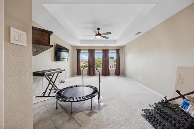 8408 Island Ct, Fort Worth, TX 76137 - sitting room with ceiling fan, a tray ceiling, baseboards, and carpet