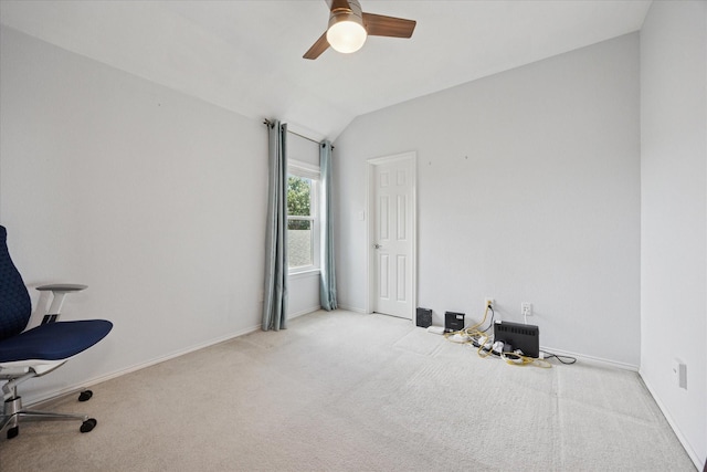 8408 Island Ct, Fort Worth, TX 76137 - office featuring carpet flooring, lofted ceiling, a ceiling fan, and baseboards