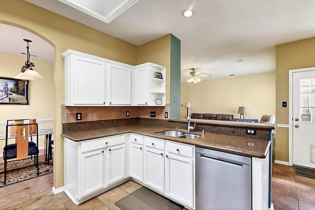 4533 Crooked Ridge Dr, The Colony, TX 75056 - kitchen with dishwasher, a peninsula, ceiling fan, and light tile patterned floors