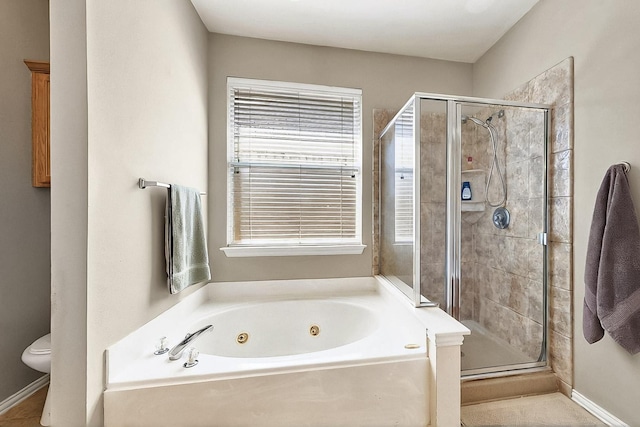 4533 Crooked Ridge Dr, The Colony, TX 75056 - bathroom featuring a whirlpool tub, a stall shower, toilet, and baseboards
