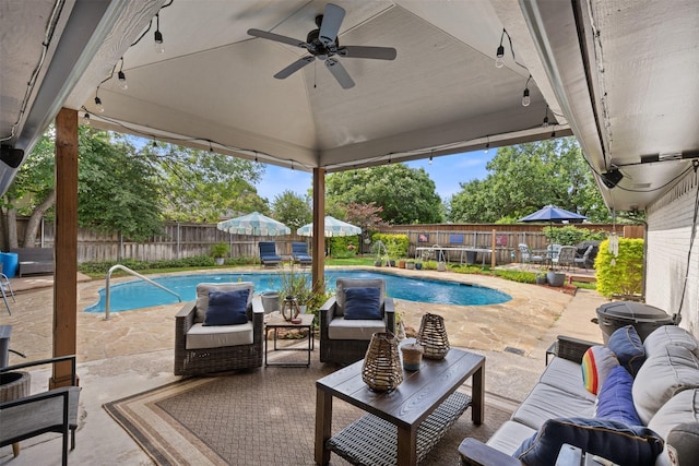 2708 Hunters Creek Dr, Plano, TX 75075 - view of pool featuring an outdoor living space, a fenced backyard, ceiling fan, and a patio area