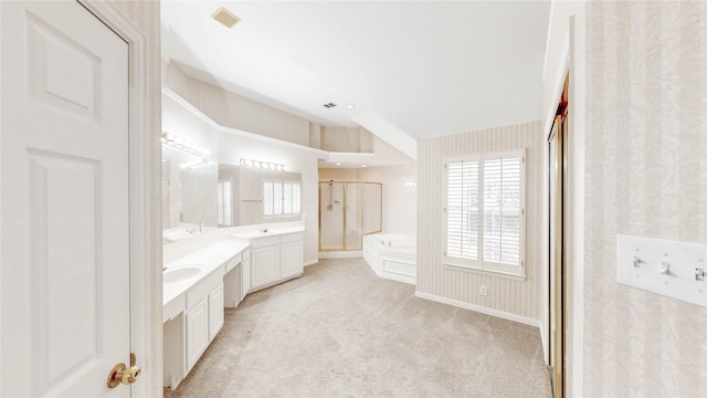 2700 Lake Crest Dr, Flower Mound, TX 75022 - full bathroom with vanity, a stall shower, plenty of natural light, a garden tub, and wallpapered walls