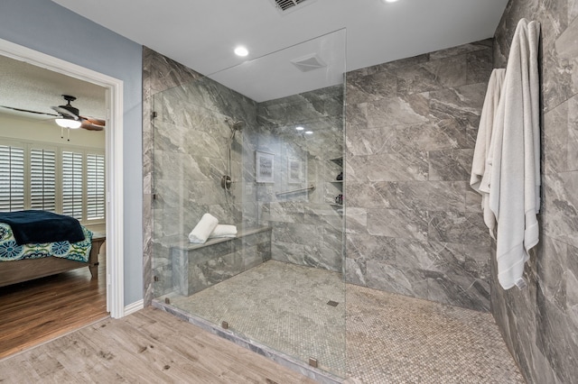 3428 Glade Creek Dr, Hurst, TX 76054 - bathroom featuring ensuite bath, walk in shower, wood finished floors, ceiling fan, and recessed lighting