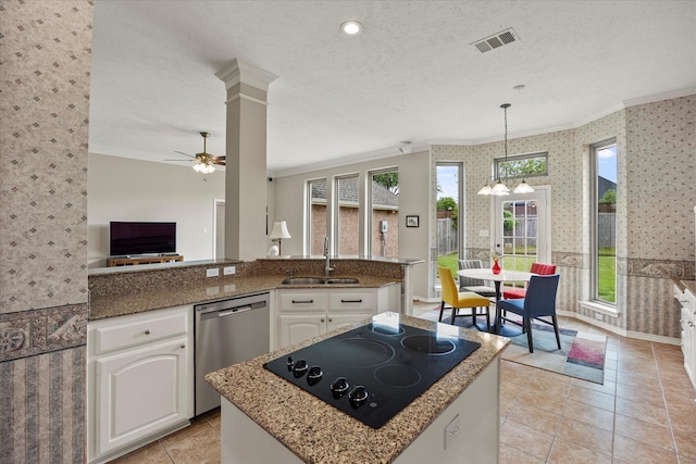3134 Oak Dr, Rockwall, TX 75032 - kitchen with stainless steel dishwasher, ornamental molding, a sink, black electric stovetop, and wallpapered walls