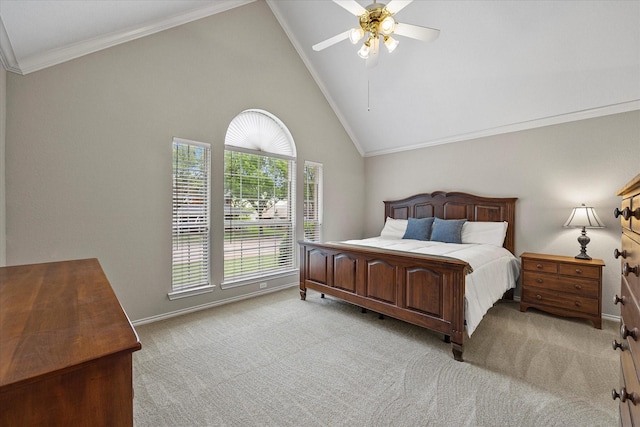 3134 Oak Dr, Rockwall, TX 75032 - bedroom featuring light colored carpet, vaulted ceiling, ornamental molding, a ceiling fan, and baseboards