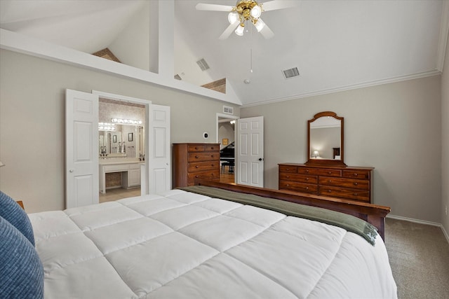 3134 Oak Dr, Rockwall, TX 75032 - carpeted bedroom with connected bathroom, a ceiling fan, high vaulted ceiling, and baseboards