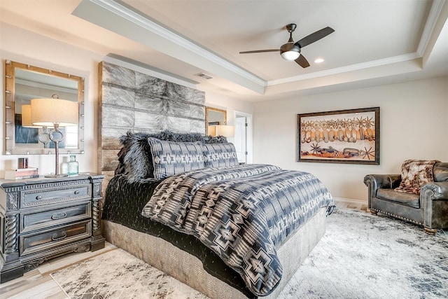5633 Veal Station Rd, Weatherford, TX 76085 - bedroom featuring ornamental molding, a tray ceiling, wood finished floors, ceiling fan, and baseboards