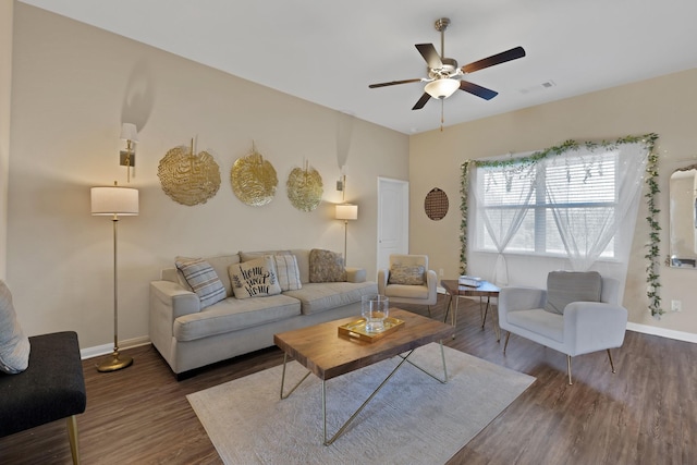 5201 Beaver Creek Ave, Denton, TX 76207 - living room featuring wood finished floors, a ceiling fan, and baseboards