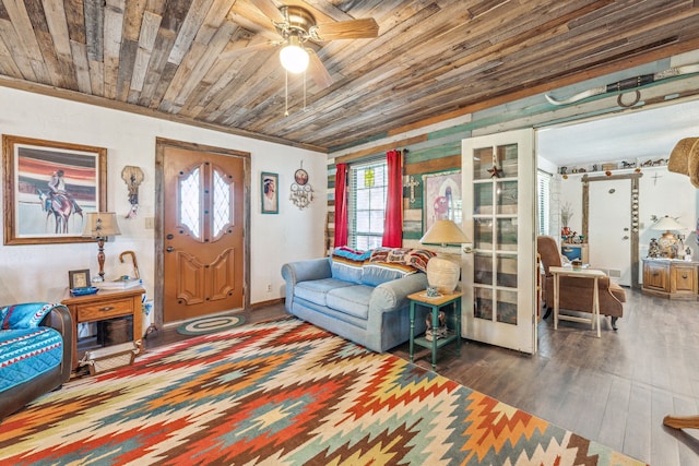 106 Hillcroft Dr, Weatherford, TX 76087 - living room with wooden ceiling, ceiling fan, wood finished floors, and french doors