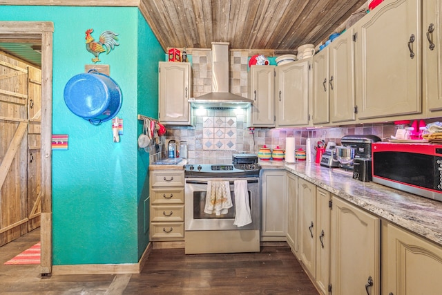 106 Hillcroft Dr, Weatherford, TX 76087 - kitchen featuring stainless steel electric stove, wall chimney range hood, wood ceiling, backsplash, and a textured wall