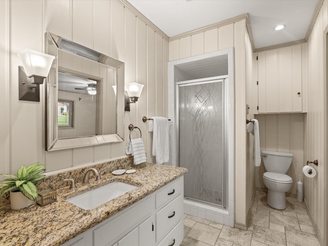 5217 Blue Valley Ct, Fort Worth, TX 76112 - bathroom with vanity, toilet, a stall shower, and stone finish floors