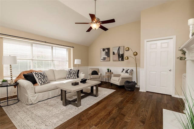 6233 Roaring Springs Dr, North Richland Hills, TX 76180 - living area with vaulted ceiling, ceiling fan, dark wood-type flooring, and a wainscoted wall