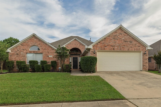 6233 Roaring Springs Dr, North Richland Hills, TX 76180 - view of front of house featuring brick siding, concrete driveway, a front lawn, and a garage