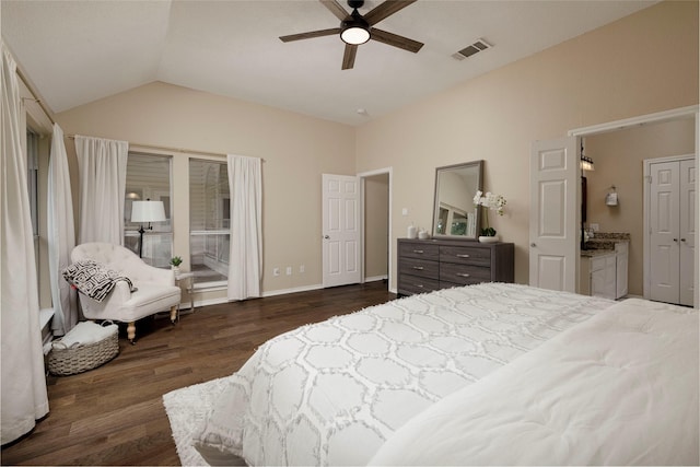 6233 Roaring Springs Dr, North Richland Hills, TX 76180 - bedroom featuring lofted ceiling, dark wood finished floors, ceiling fan, and baseboards