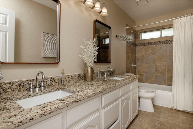 6233 Roaring Springs Dr, North Richland Hills, TX 76180 - bathroom with double vanity, toilet, shower / tub combo, and tile patterned floors