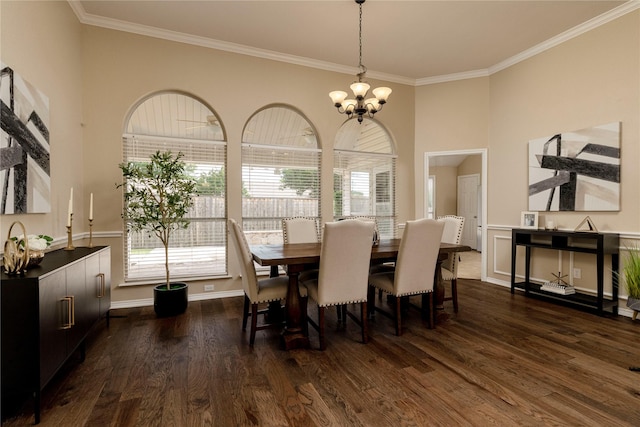 6233 Roaring Springs Dr, North Richland Hills, TX 76180 - dining area featuring healthy amount of natural light, a chandelier, dark wood-style flooring, crown molding, and baseboards