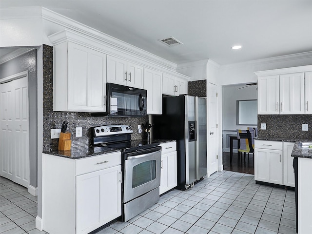 2501 Dahlia Dr, Fort Worth, TX 76123 - kitchen featuring stainless steel appliances, light tile patterned floors, ornamental molding, tasteful backsplash, and white cabinetry