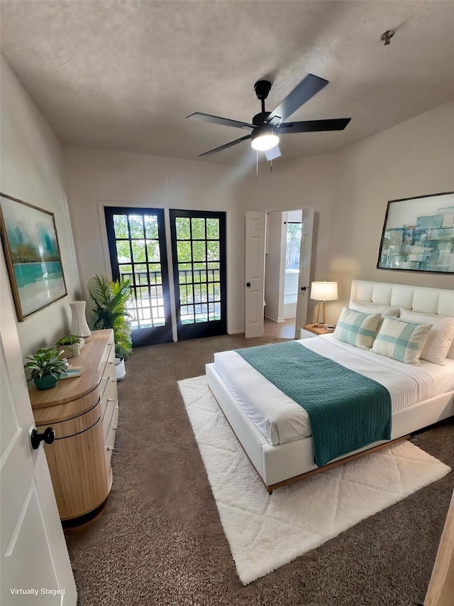 4800 W Lovers Ln Unit 212, Dallas, TX 75209 - carpeted bedroom with access to exterior, a textured ceiling, and a ceiling fan