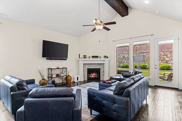 2712 Cross Oak Pl, Mckinney, TX 75071 - living room with a ceiling fan, wood finished floors, beamed ceiling, a glass covered fireplace, and high vaulted ceiling