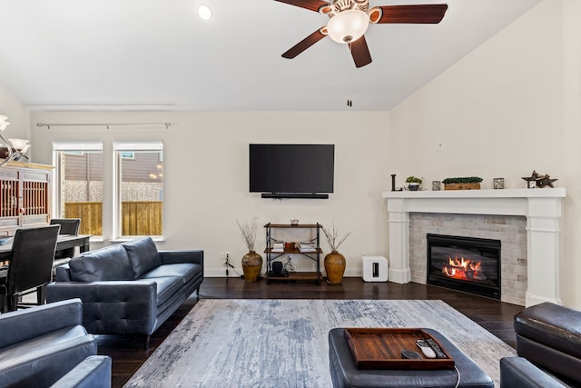 2712 Cross Oak Pl, Mckinney, TX 75071 - living area featuring ceiling fan, wood finished floors, a fireplace, and baseboards