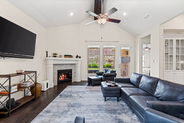 2712 Cross Oak Pl, Mckinney, TX 75071 - living area with ceiling fan, wood finished floors, a glass covered fireplace, high vaulted ceiling, and recessed lighting