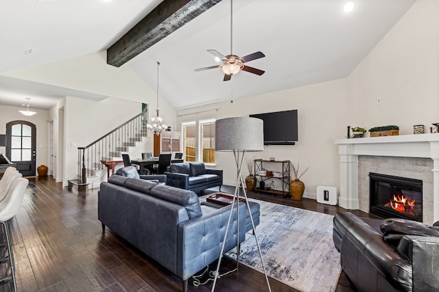 2712 Cross Oak Pl, Mckinney, TX 75071 - living room featuring stairs, ceiling fan, a fireplace, dark wood-style flooring, and recessed lighting