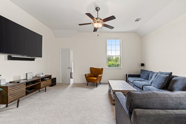 2712 Cross Oak Pl, Mckinney, TX 75071 - living area with light carpet, a ceiling fan, lofted ceiling, and baseboards