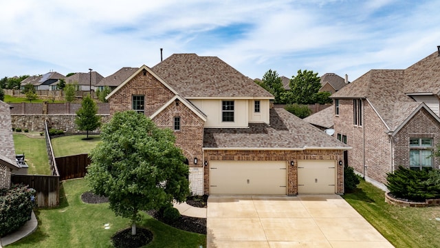 2712 Cross Oak Pl, Mckinney, TX 75071 - french country inspired facade with brick siding, concrete driveway, roof with shingles, an attached garage, and a residential view