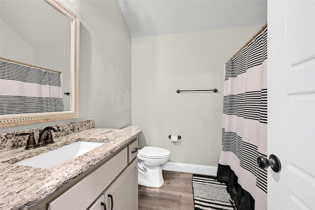 4817 Enclave Dr, Sanger, TX 76266 - full bathroom featuring vanity, wood finished floors, toilet, baseboards, and vaulted ceiling