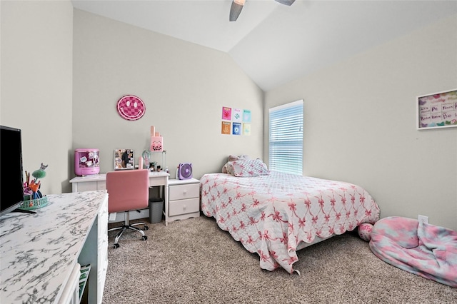 4817 Enclave Dr, Sanger, TX 76266 - bedroom with light carpet, a desk, vaulted ceiling, and ceiling fan