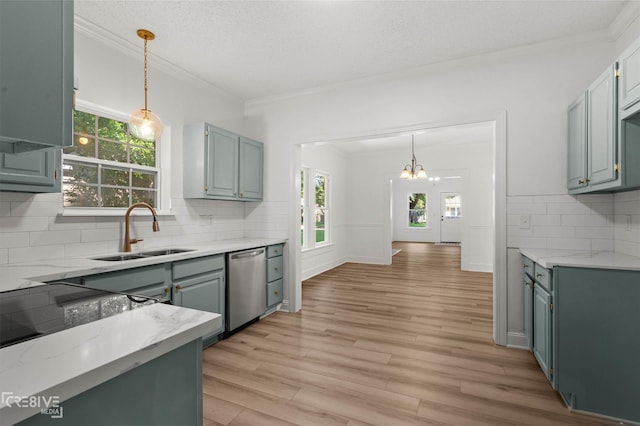 123 Carrollton Ave, Shreveport, LA 71105 - kitchen with dishwasher, a sink, decorative backsplash, crown molding, and a chandelier