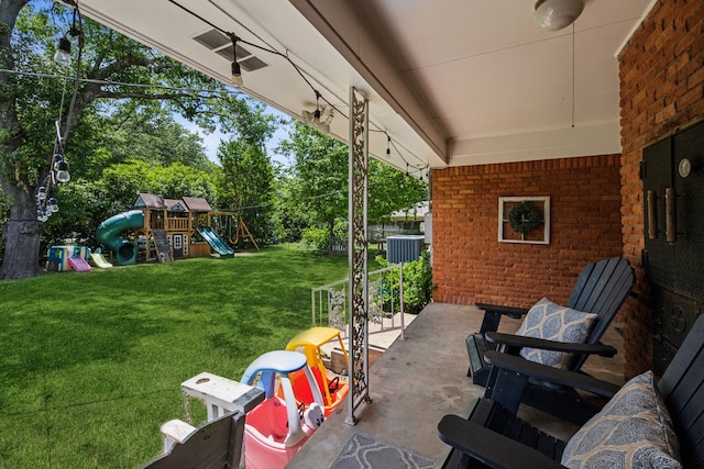 4309 Bilglade Rd, Fort Worth, TX 76109 - view of patio with a playground, central AC unit, and view of scattered trees