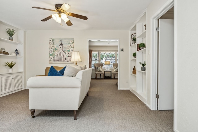 4309 Bilglade Rd, Fort Worth, TX 76109 - living room with carpet floors, a ceiling fan, and built in features