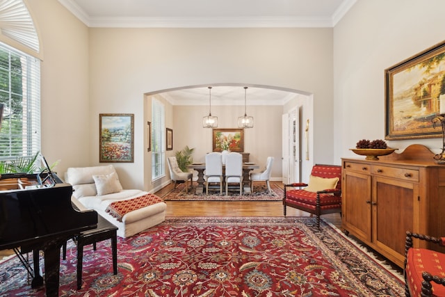 15198 Woodbluff Dr, Frisco, TX 75035 - living room featuring arched walkways, wood finished floors, crown molding, and baseboards