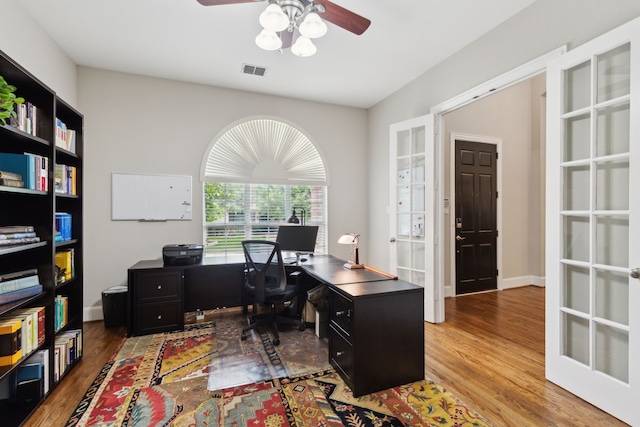 15198 Woodbluff Dr, Frisco, TX 75035 - office featuring a ceiling fan, wood finished floors, and french doors