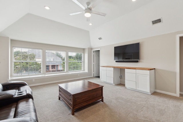 15198 Woodbluff Dr, Frisco, TX 75035 - living area with light colored carpet, a ceiling fan, vaulted ceiling, an office area, and recessed lighting
