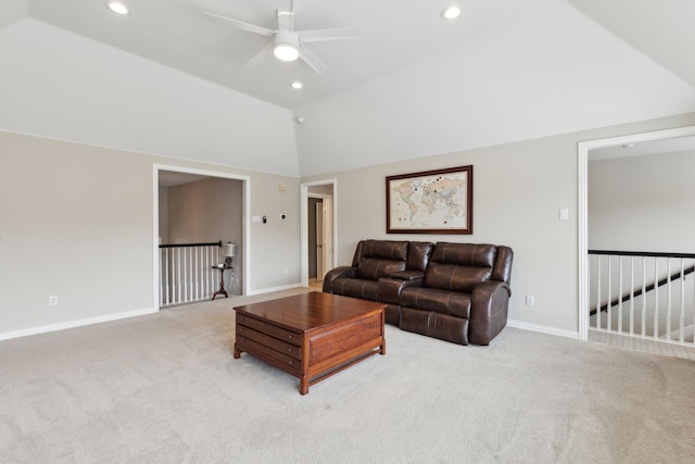 15198 Woodbluff Dr, Frisco, TX 75035 - carpeted living area featuring recessed lighting, ceiling fan, baseboards, and high vaulted ceiling