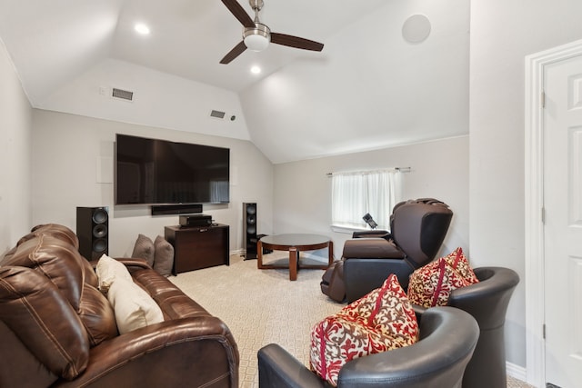 15198 Woodbluff Dr, Frisco, TX 75035 - carpeted living area with lofted ceiling, a ceiling fan, baseboards, and recessed lighting