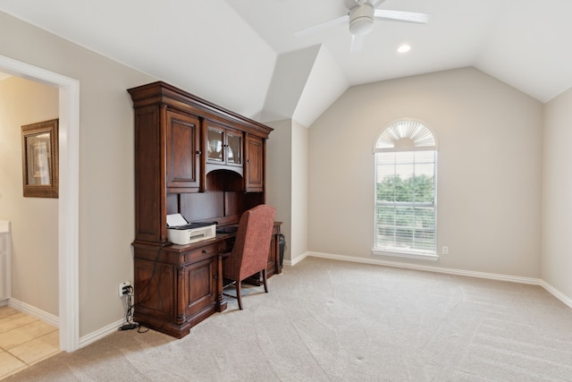 15198 Woodbluff Dr, Frisco, TX 75035 - office space featuring ceiling fan, light colored carpet, baseboards, and lofted ceiling