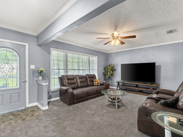 1101 N Bledsoe St, Gilmer, TX 75644 - carpeted living area with plenty of natural light, a ceiling fan, crown molding, and baseboards