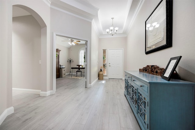 414 Long Cove Dr, Fairview, TX 75069 - entrance foyer with arched walkways, light wood-type flooring, a chandelier, ornamental molding, and baseboards